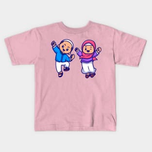 Cute Girl And Boy Moslem Celebrating Ied Mubarak Cartoon Kids T-Shirt